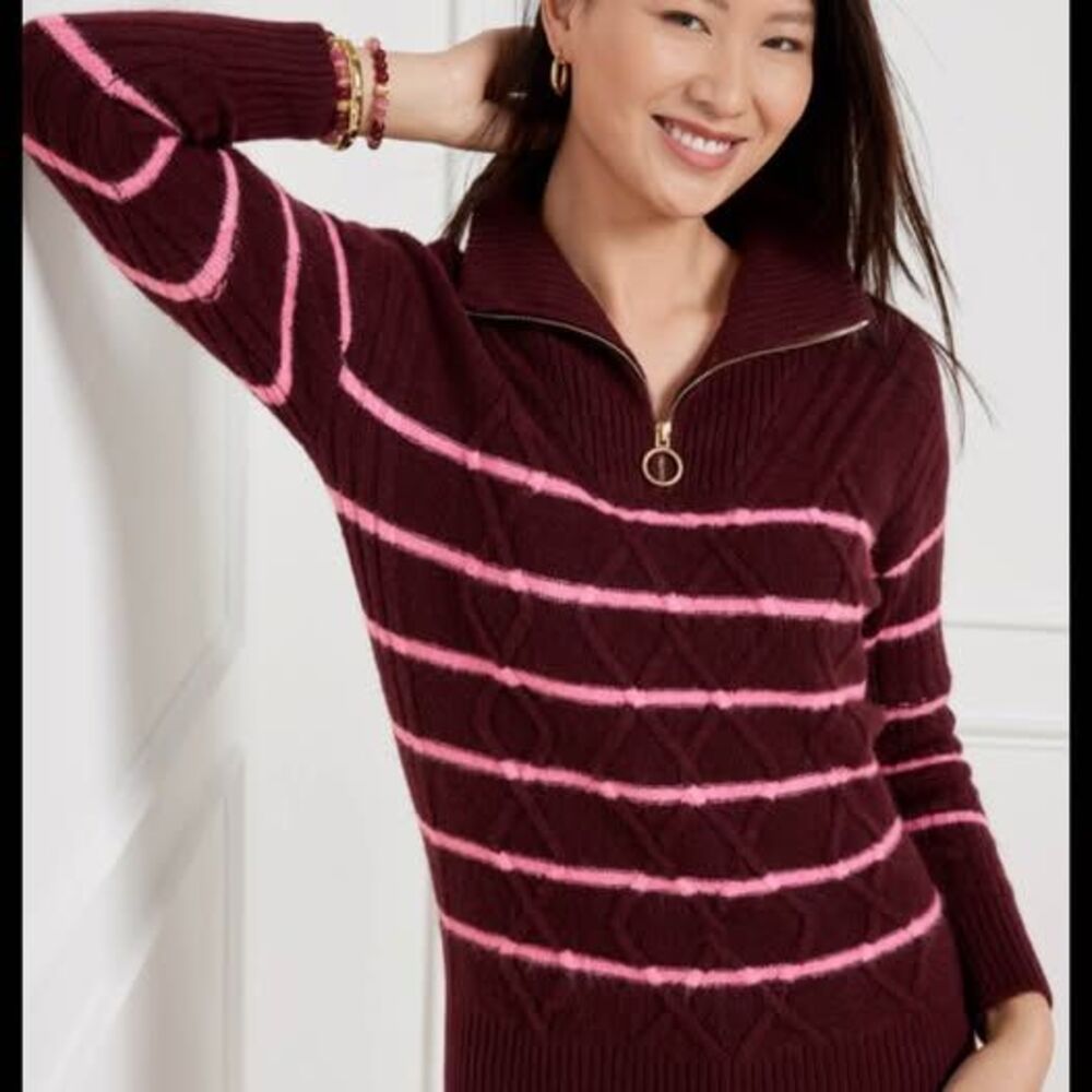 Talbots size L Striped Quarter-Zip Cable Knit Sweater